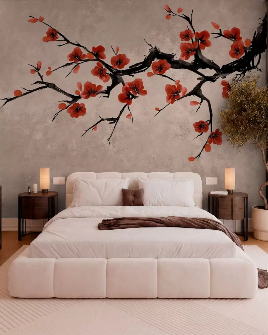 murais de parede Ramo florido em estilo oriental sobre fundo bege w05425v4