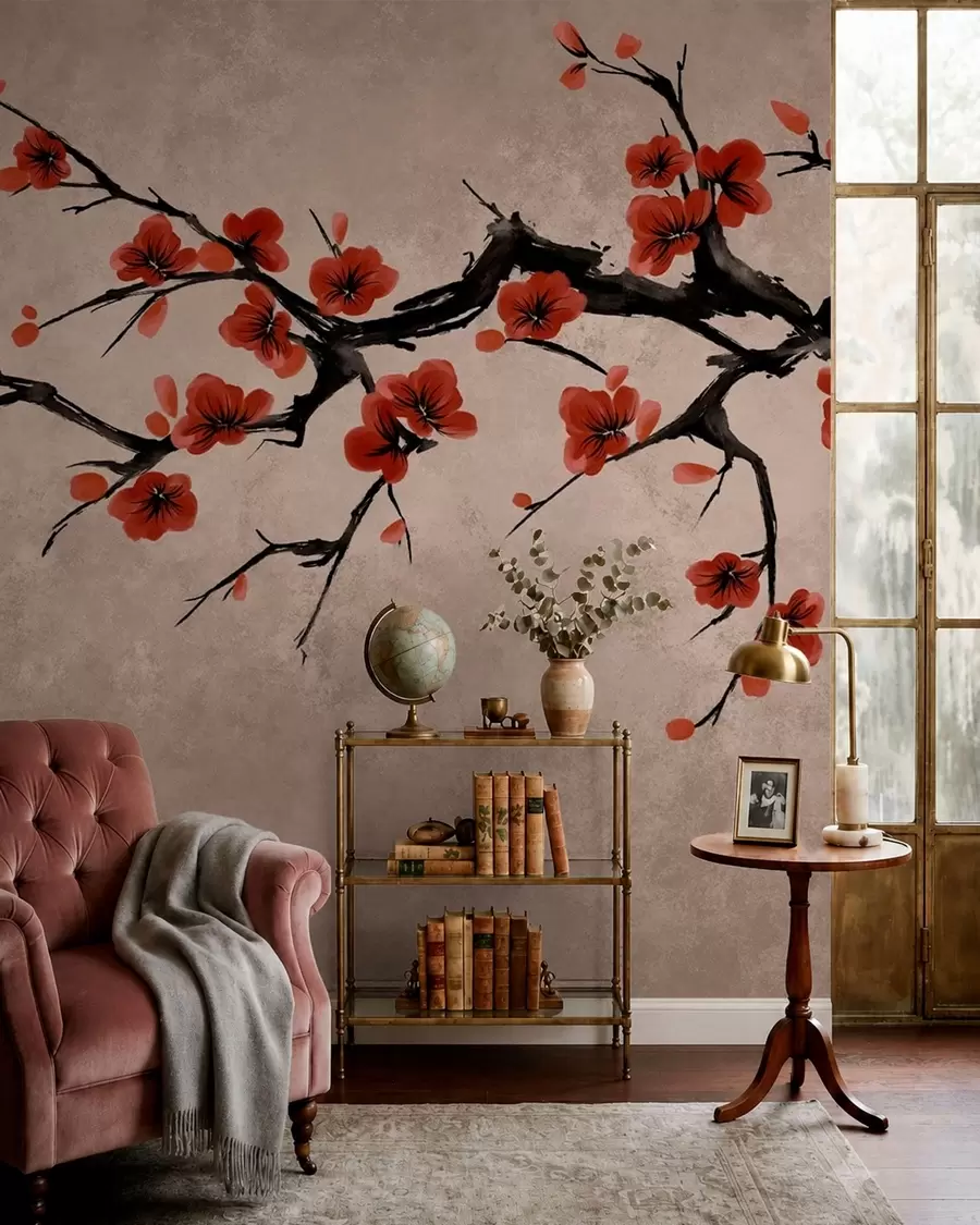 murais de parede Ramo florido em estilo oriental sobre fundo bege w05425v4