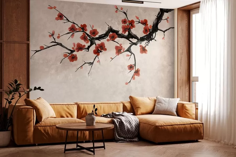 murais de parede Ramo florido em estilo oriental sobre fundo bege w05425v4