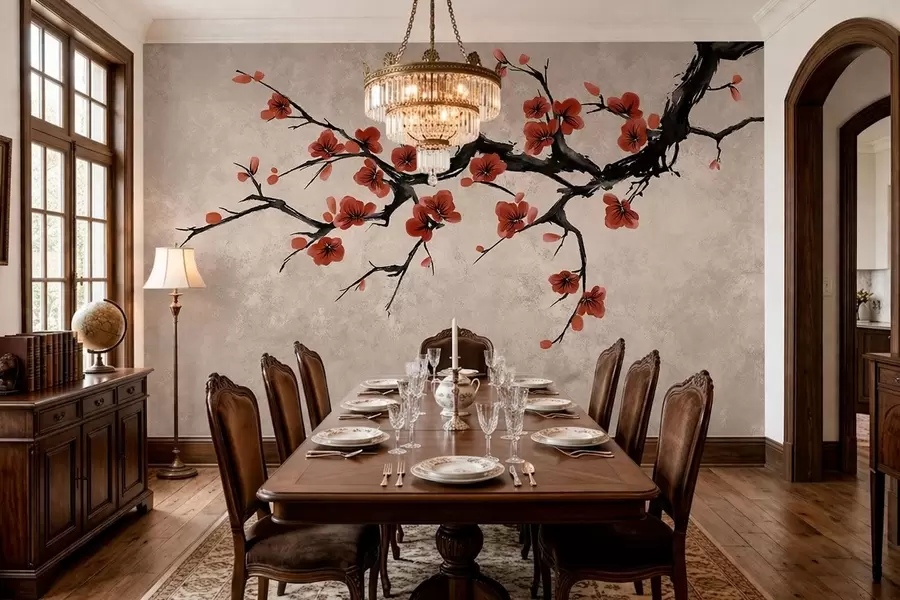 murais de parede Ramo florido em estilo oriental sobre fundo bege w05425v4