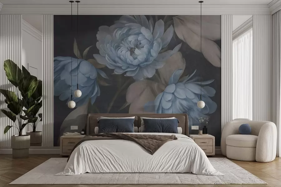 murais de parede Flores de peônia em tom de azul claro com textura e folhas bege sobre um fundo escuro w09751