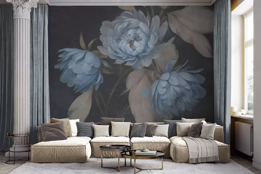 murais de parede Flores de peônia em tom de azul claro com textura e folhas bege sobre um fundo escuro w09751