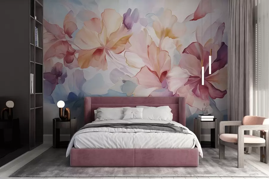 murais de parede Flores abstratas em tons de rosa, pêssego e lavanda, em estilo pictórico, arte texturizada w09767