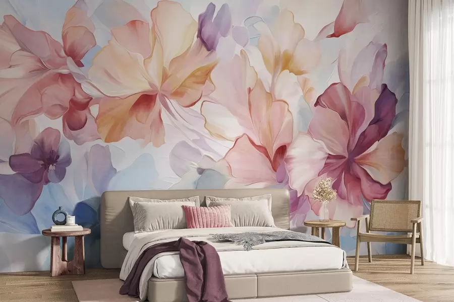 murais de parede Flores abstratas em tons de rosa, pêssego e lavanda, em estilo pictórico, arte texturizada w09767