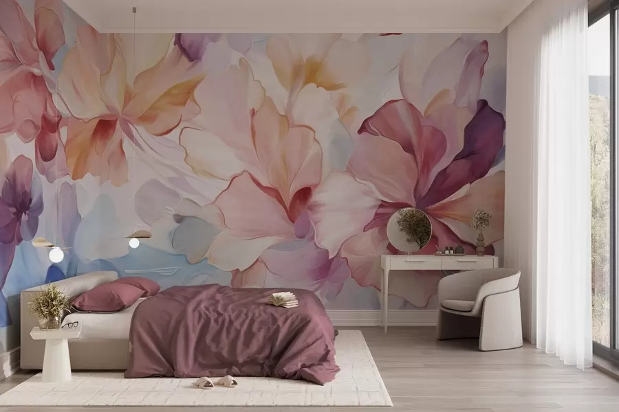 murais de parede Flores abstratas em tons de rosa, pêssego e lavanda, em estilo pictórico, arte texturizada w09767