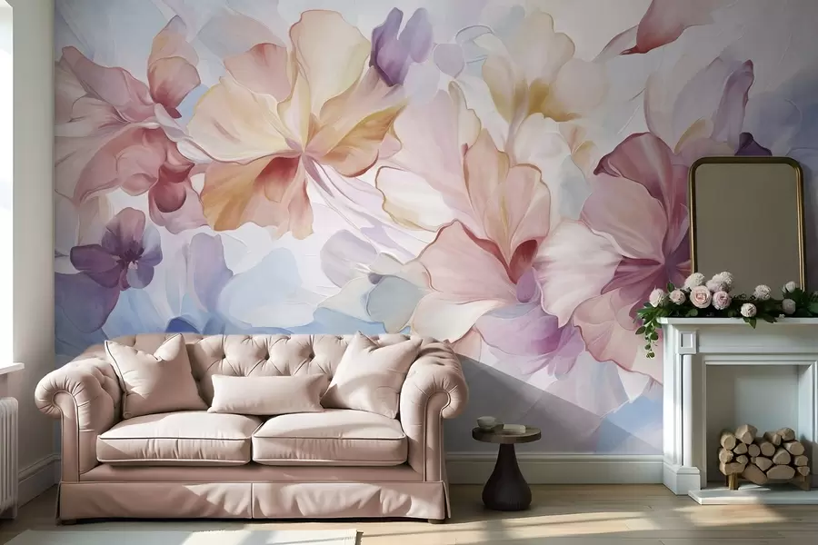 murais de parede Flores abstratas em tons de rosa, pêssego e lavanda, em estilo pictórico, arte texturizada w09767