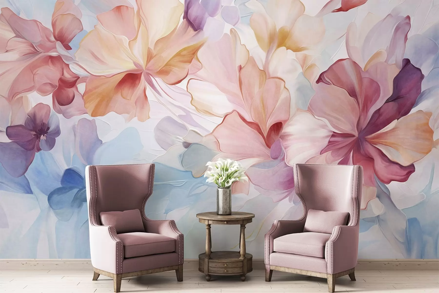 murais de parede Flores abstratas em tons de rosa, pêssego e lavanda, em estilo pictórico, arte texturizada w09767