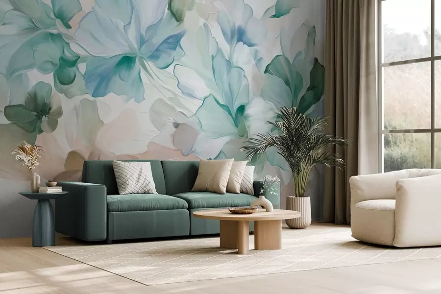 murais de parede Flores abstratas e fantásticas em tons de verde, azul e bege, em estilo pictórico, arte texturizada w09767v1