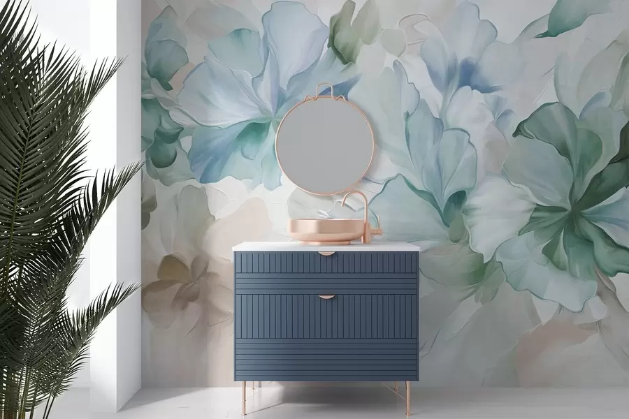 murais de parede Flores abstratas e fantásticas em tons de verde, azul e bege, em estilo pictórico, arte texturizada w09767v1