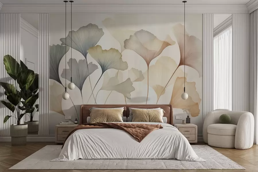 murais de parede Arte abstrata com folhas de ginkgo em tons pastéis suaves, como azul, verde e pêssego, com textura w09810
