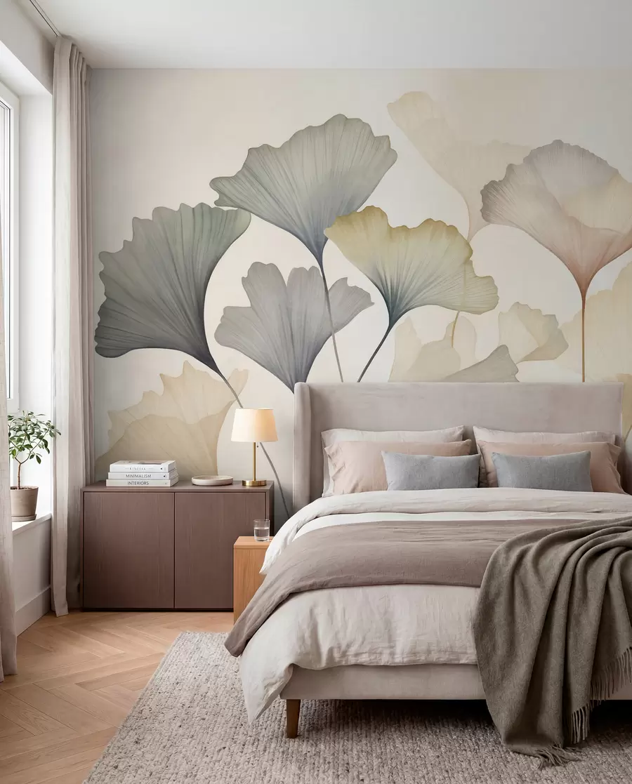 murais de parede Arte abstrata com folhas de ginkgo em tons pastéis suaves, como azul, verde e pêssego, com textura w09810