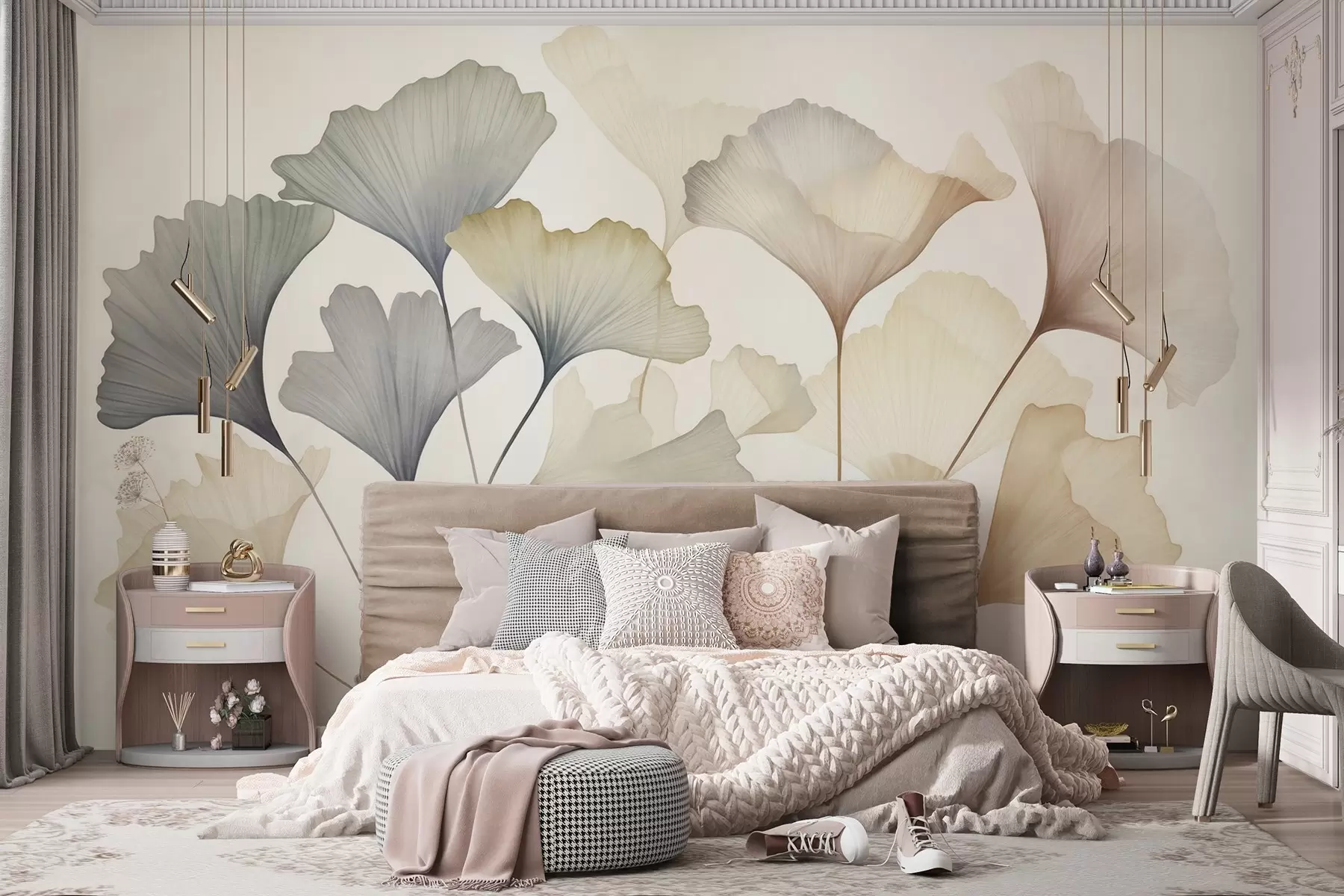 murais de parede Arte abstrata com folhas de ginkgo em tons pastéis suaves, como azul, verde e pêssego, com textura w09810