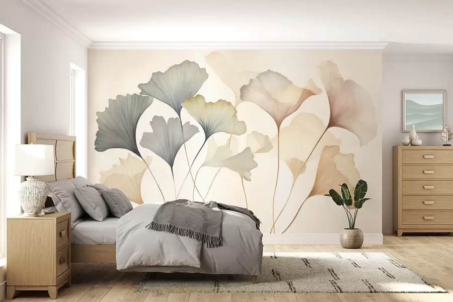 murais de parede Arte abstrata com folhas de ginkgo em tons pastéis suaves, como azul, verde e pêssego, com textura w09810