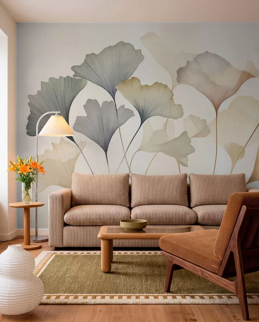 murais de parede Arte abstrata com folhas de ginkgo em tons pastéis suaves, como azul, verde e pêssego, com textura w09810