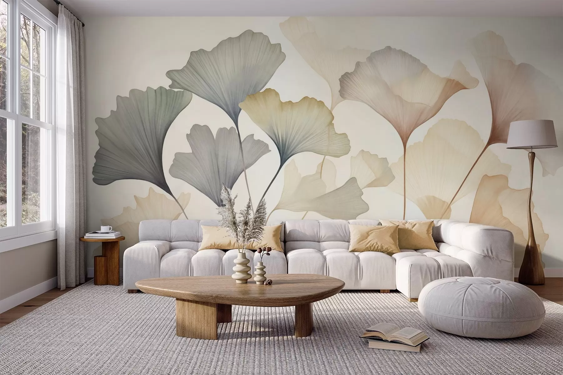 murais de parede Arte abstrata com folhas de ginkgo em tons pastéis suaves, como azul, verde e pêssego, com textura w09810