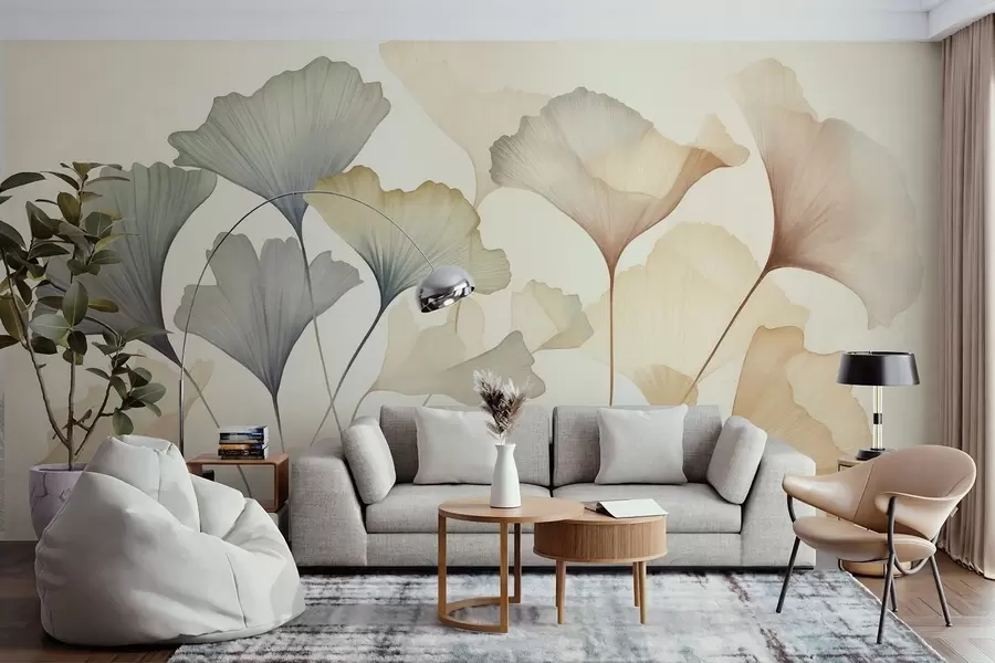 murais de parede Arte abstrata com folhas de ginkgo em tons pastéis suaves, como azul, verde e pêssego, com textura w09810