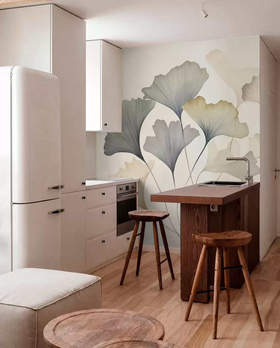 murais de parede Arte abstrata com folhas de ginkgo em tons pastéis suaves, como azul, verde e pêssego, com textura w09810