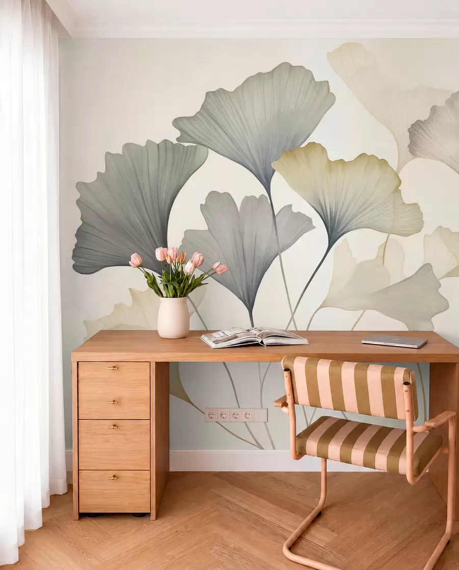 murais de parede Arte abstrata com folhas de ginkgo em tons pastéis suaves, como azul, verde e pêssego, com textura w09810