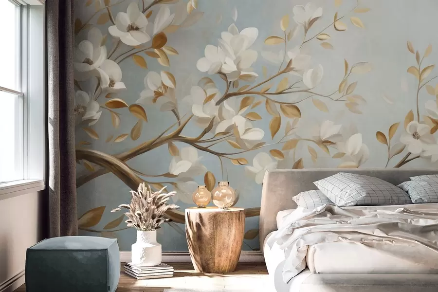 murais de parede Galho de árvore texturizado com flores brancas e folhas amarelas, estilo vintage w09814
