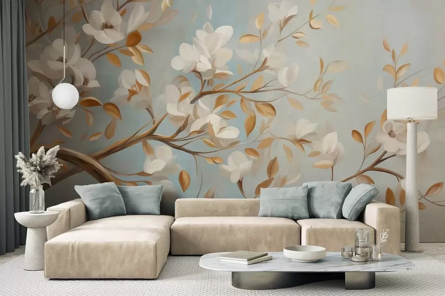 murais de parede Galho de árvore texturizado com flores brancas e folhas amarelas, estilo vintage w09814
