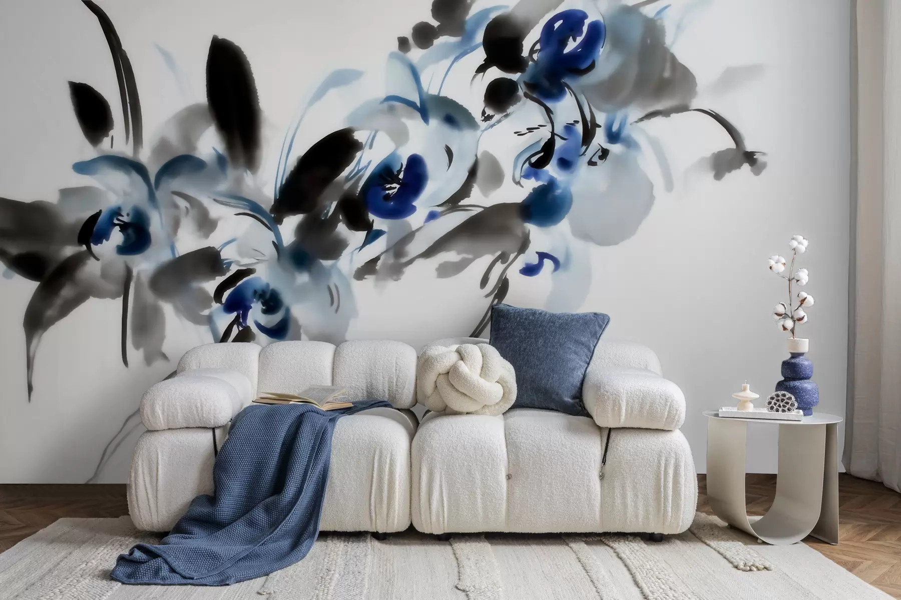 murais de parede flores abstratas elegantes em estilo aquarela oriental com toques de azul e preto, orquídeas w09797