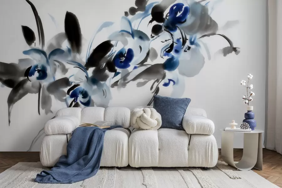 murais de parede flores abstratas elegantes em estilo aquarela oriental com toques de azul e preto, orquídeas w09797