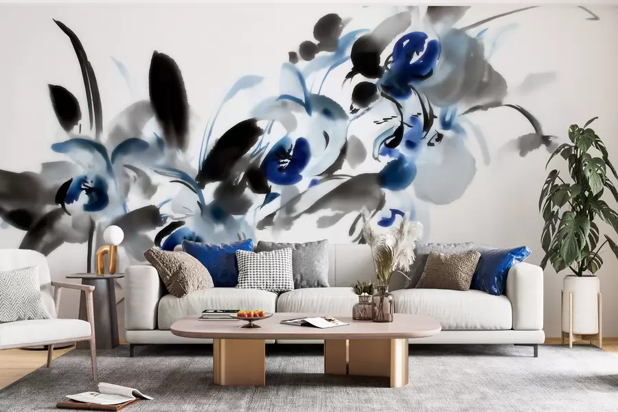 murais de parede flores abstratas elegantes em estilo aquarela oriental com toques de azul e preto, orquídeas w09797