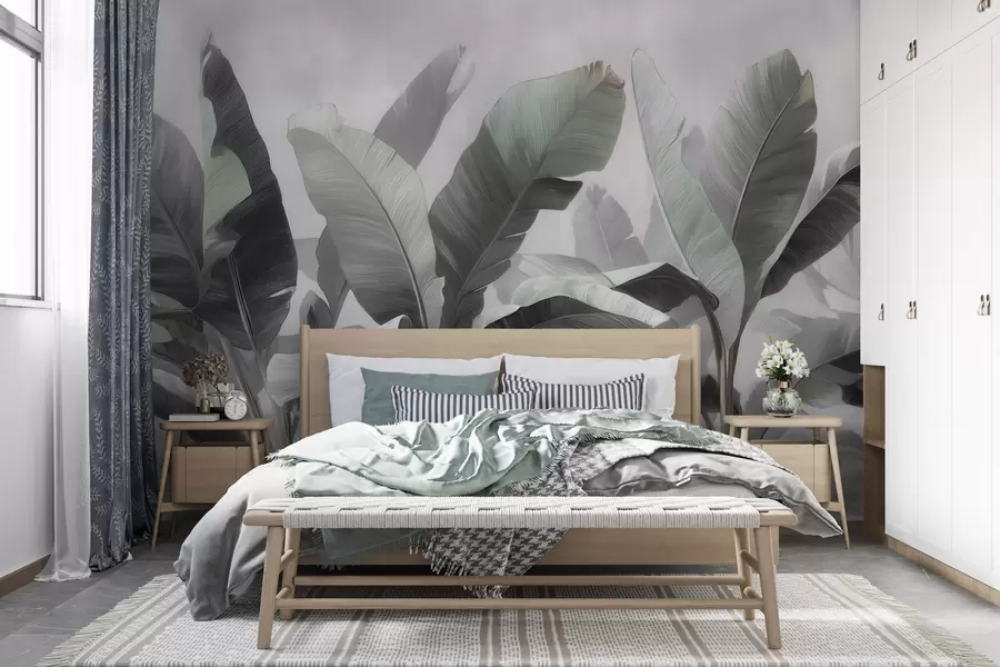 murais de parede Folhas grandes de bananeira em estilo abstrato, em uma paleta neutra com suaves tons de cinza-esverdeado w09805
