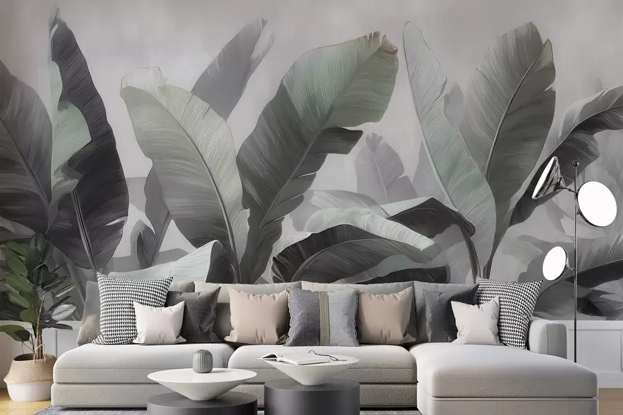 murais de parede Folhas grandes de bananeira em estilo abstrato, em uma paleta neutra com suaves tons de cinza-esverdeado w09805