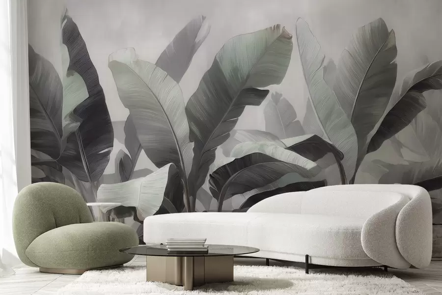 murais de parede Folhas grandes de bananeira em estilo abstrato, em uma paleta neutra com suaves tons de cinza-esverdeado w09805