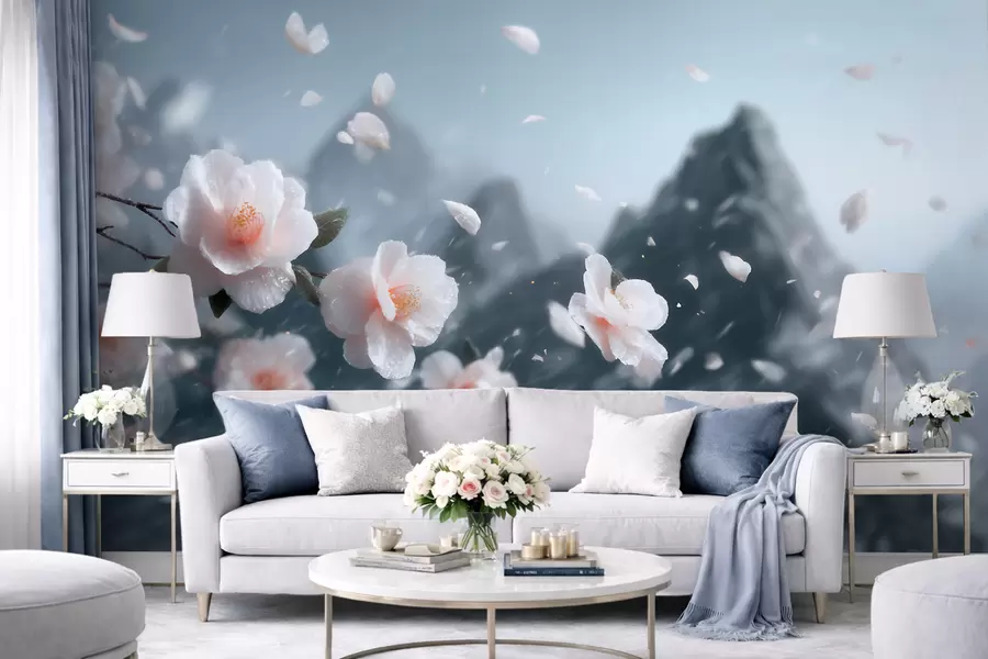 murais de parede Delicadas flores de cerejeira em flor contra um cenário montanhoso, uma paisagem japonesa evocativa em tons pastéis w09808
