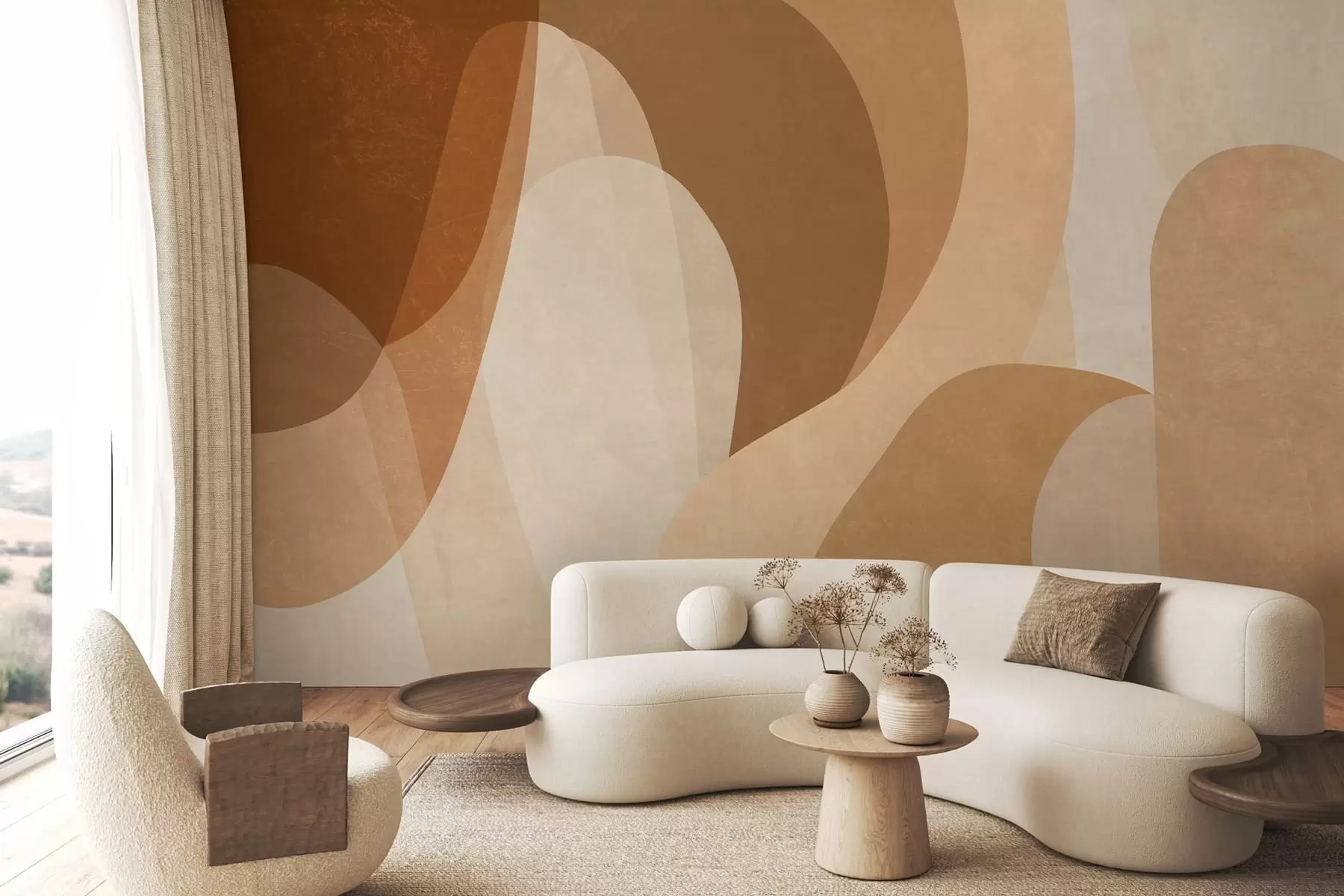 murais de parede curvas abstratas em tons de marrom, bege e castanho-avermelhado w05387
