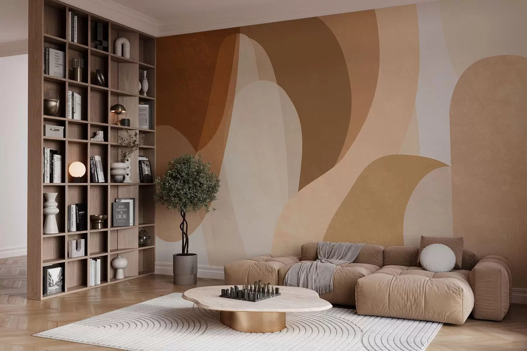 murais de parede curvas abstratas em tons de marrom, bege e castanho-avermelhado w05387
