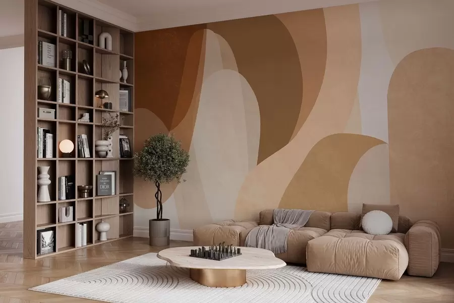 murais de parede curvas abstratas em tons de marrom, bege e castanho-avermelhado w05387