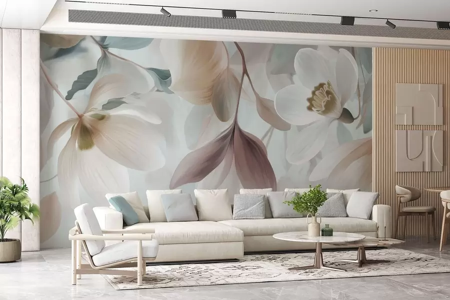 murais de parede uma delicada composição de flores e folhas em tons pastéis w05240