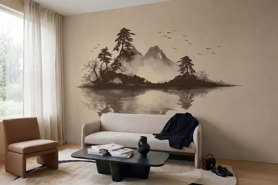 murais de parede Paisagem montanhosa em sumi-e com pinheiros e reflexo w05124