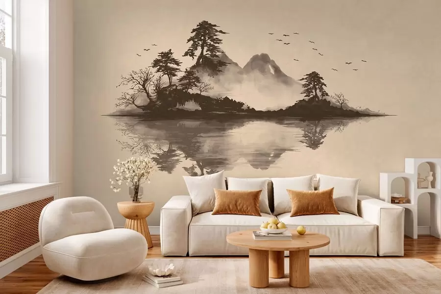 murais de parede Paisagem montanhosa em sumi-e com pinheiros e reflexo w05124