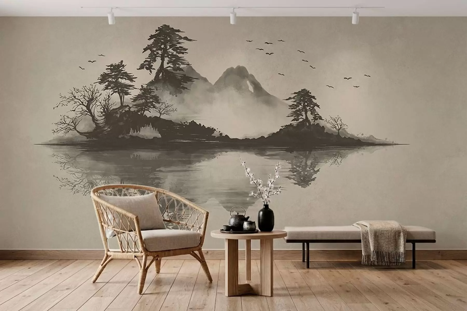 murais de parede Paisagem montanhosa em sumi-e em suaves tons de cinza w05124v1