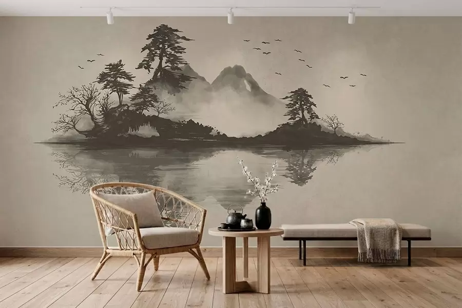murais de parede Paisagem montanhosa em sumi-e em suaves tons de cinza w05124v1