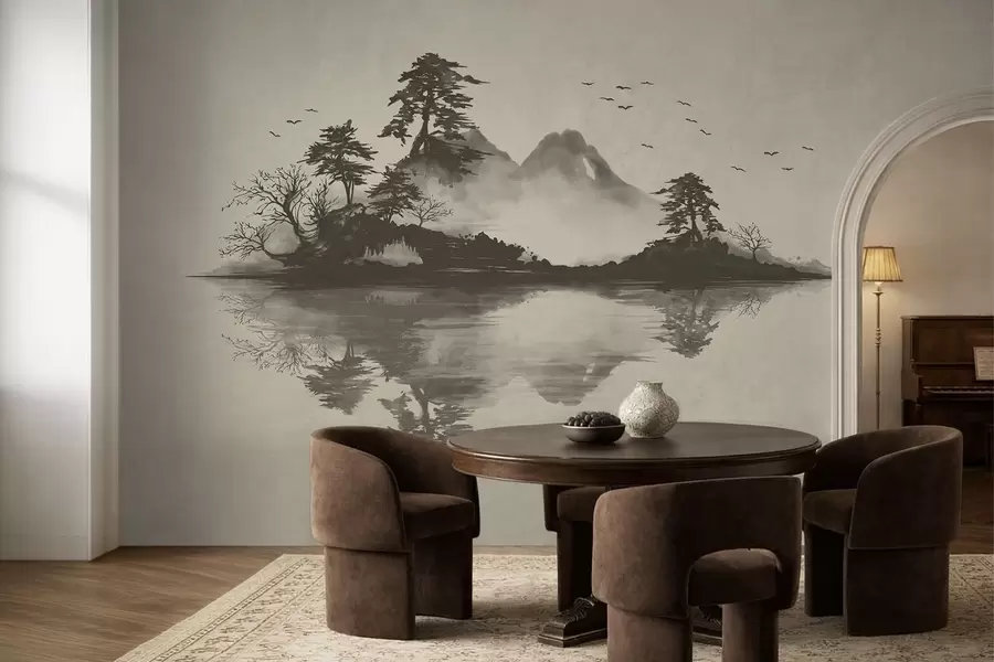 murais de parede Paisagem montanhosa em sumi-e em suaves tons de cinza w05124v1