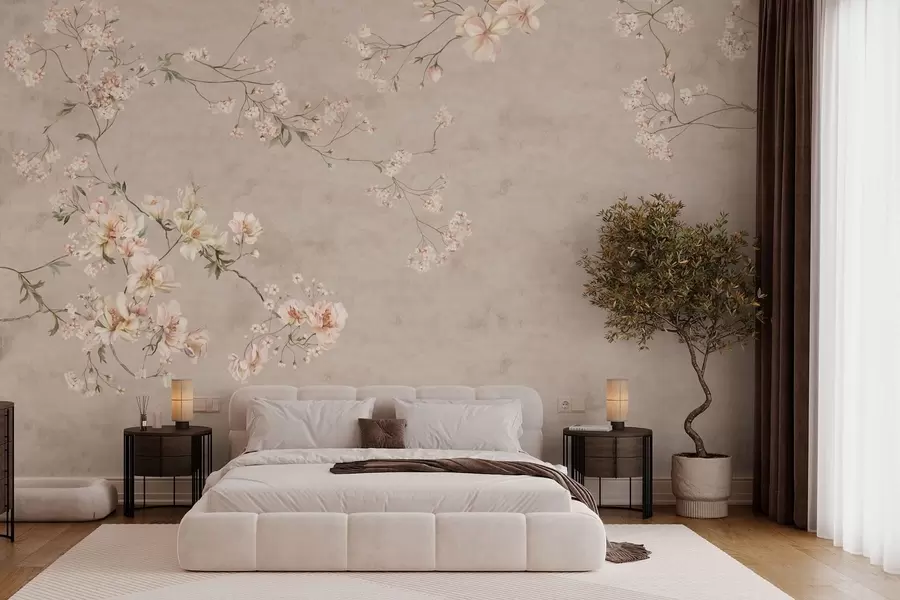 murais de parede Ramos florais delicados em estilo chinoiserie sobre fundo claro w05427