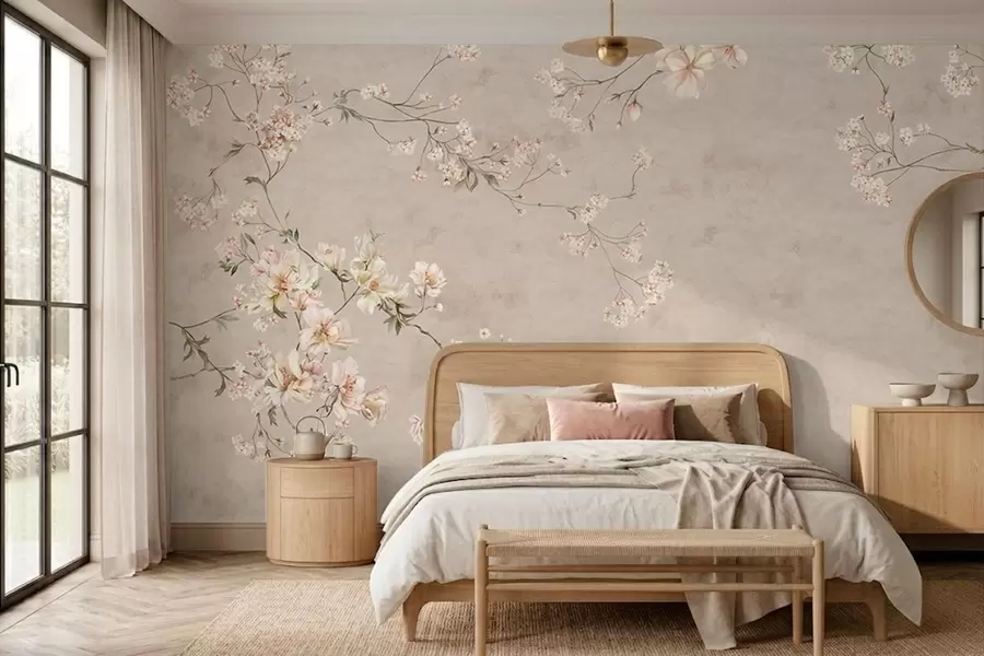 murais de parede Ramos florais delicados em estilo chinoiserie sobre fundo claro w05427