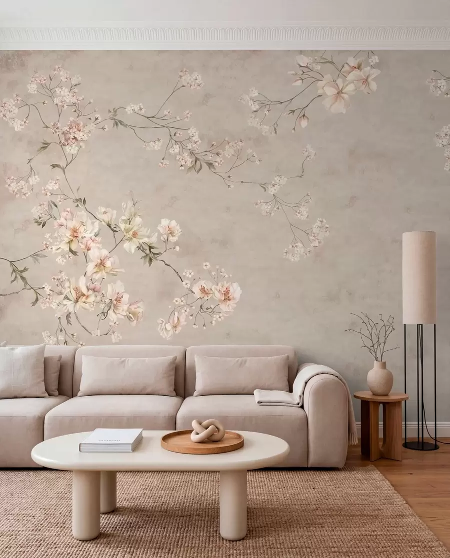 murais de parede Ramos florais delicados em estilo chinoiserie sobre fundo claro w05427