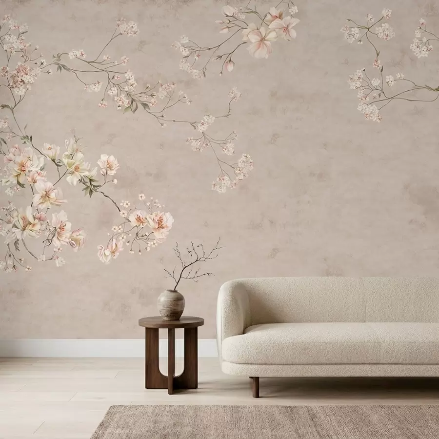 murais de parede Ramos florais delicados em estilo chinoiserie sobre fundo claro w05427