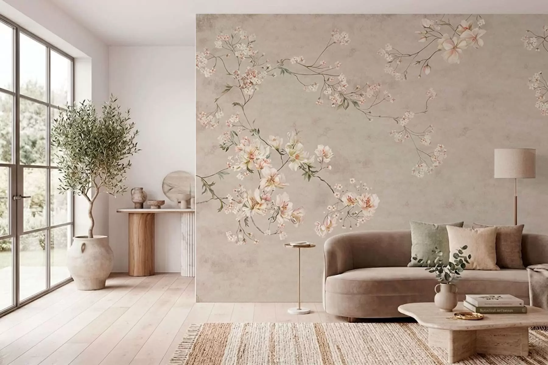 murais de parede Ramos florais delicados em estilo chinoiserie sobre fundo claro w05427