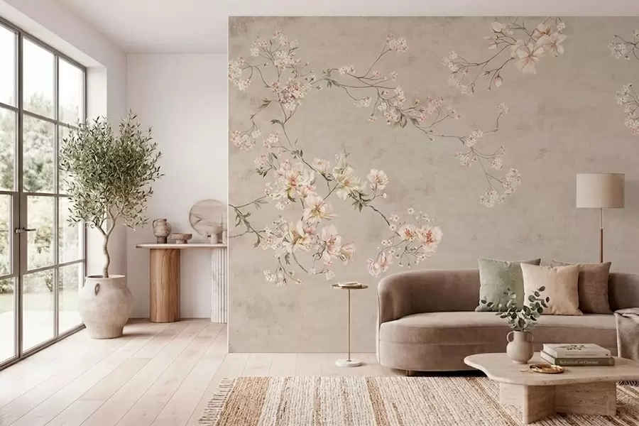 murais de parede Ramos florais delicados em estilo chinoiserie sobre fundo claro w05427