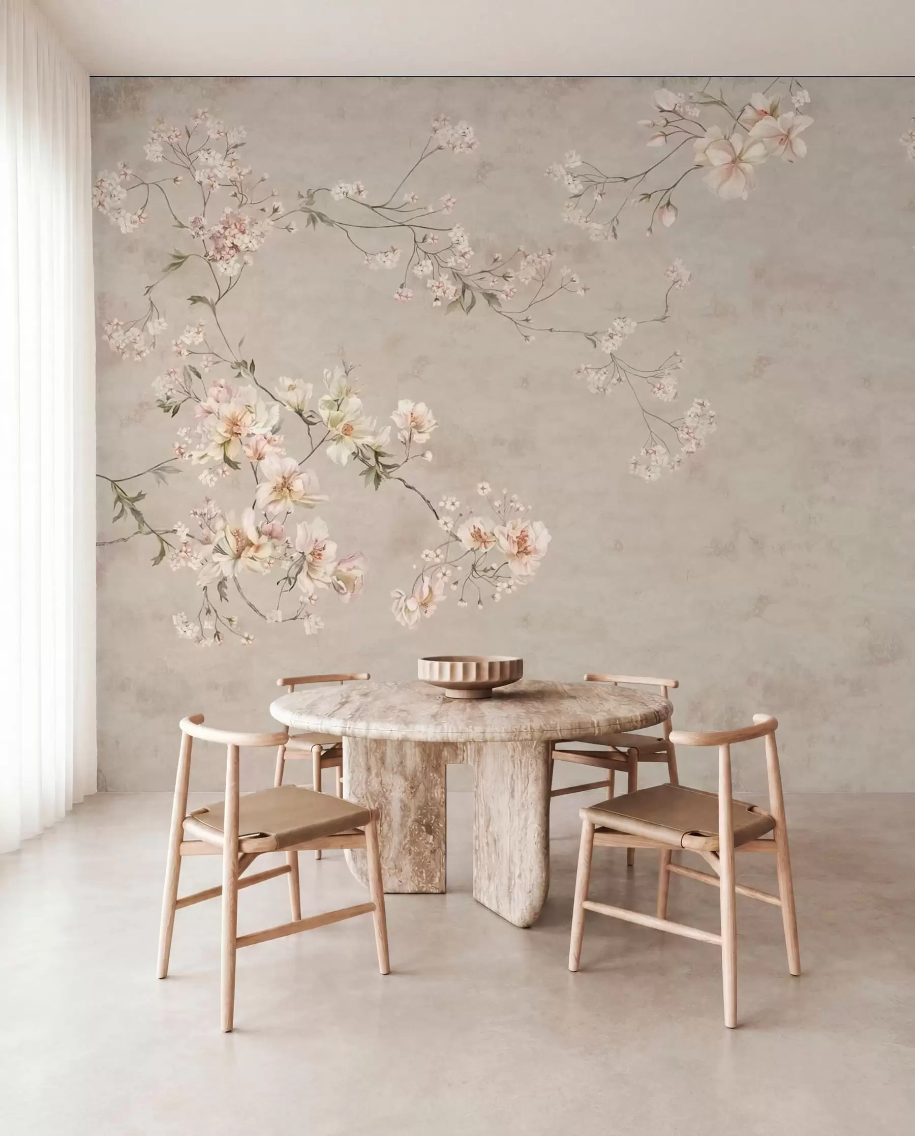 murais de parede Ramos florais delicados em estilo chinoiserie sobre fundo claro w05427