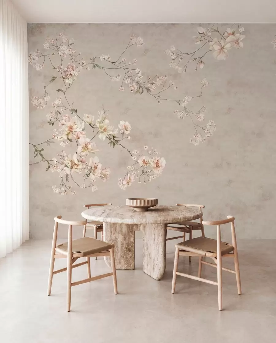 murais de parede Ramos florais delicados em estilo chinoiserie sobre fundo claro w05427