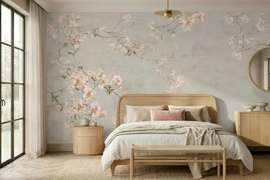 murais de parede Ramos florais em estilo chinoiserie sobre fundo cinza w05427v1