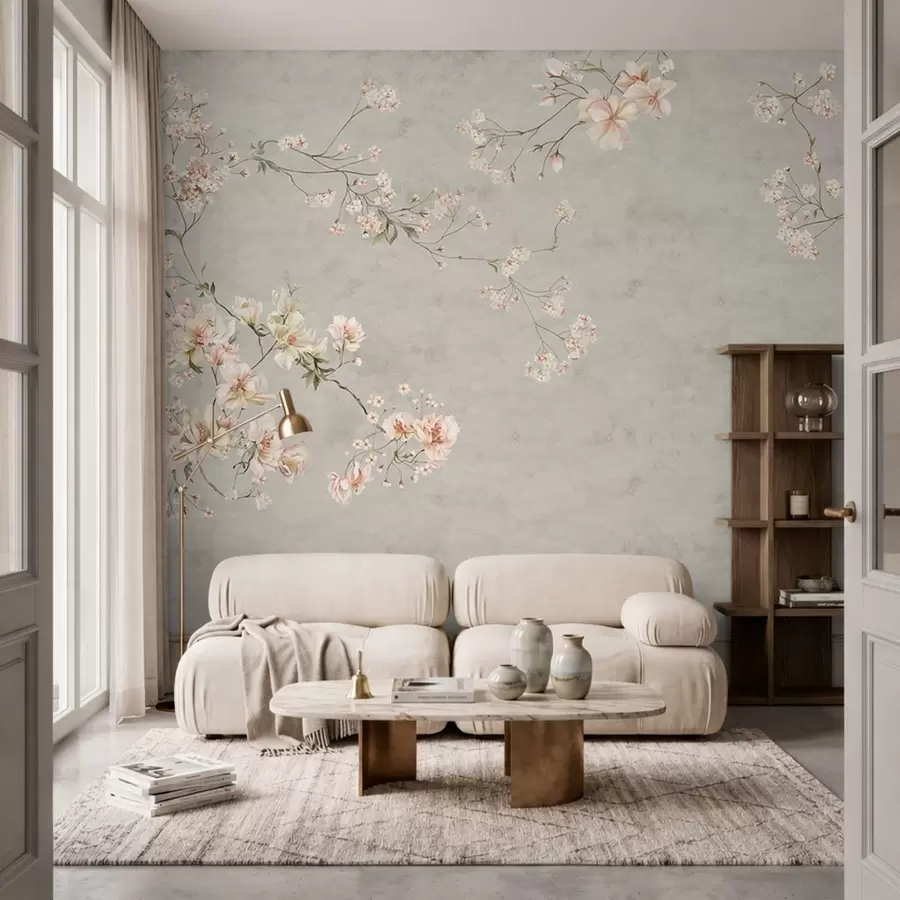 murais de parede Ramos florais em estilo chinoiserie sobre fundo cinza w05427v1